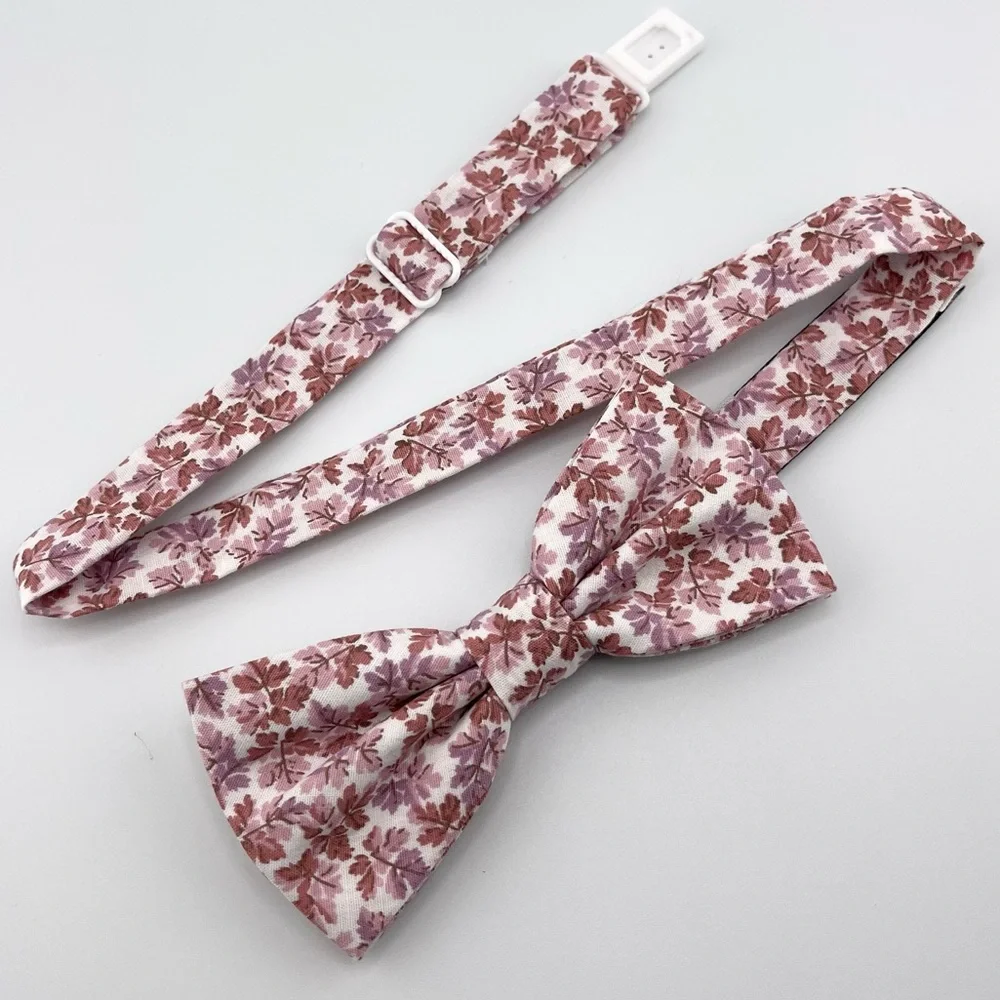 White w/ Mauve & Dusty Pink Foliage Pattern Pre-Tied Boys Bow Tie